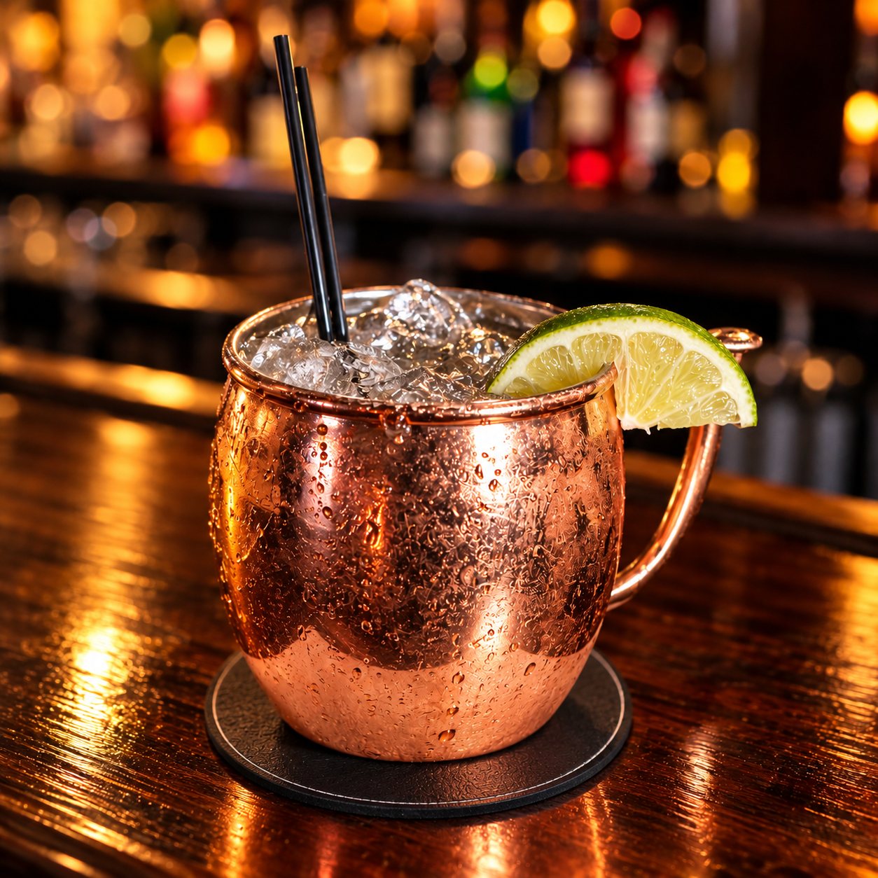 A Moscow mule in a copper mug with lime