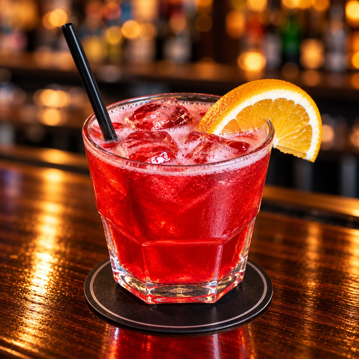 A cocktail on the rocks garnished with an orange slice