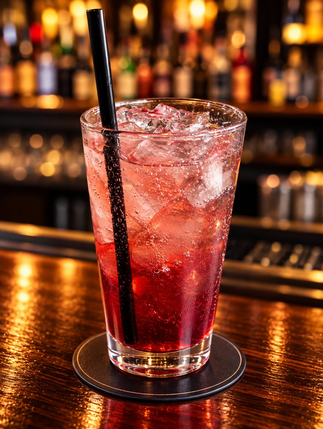 A tall iced cocktail with a straw