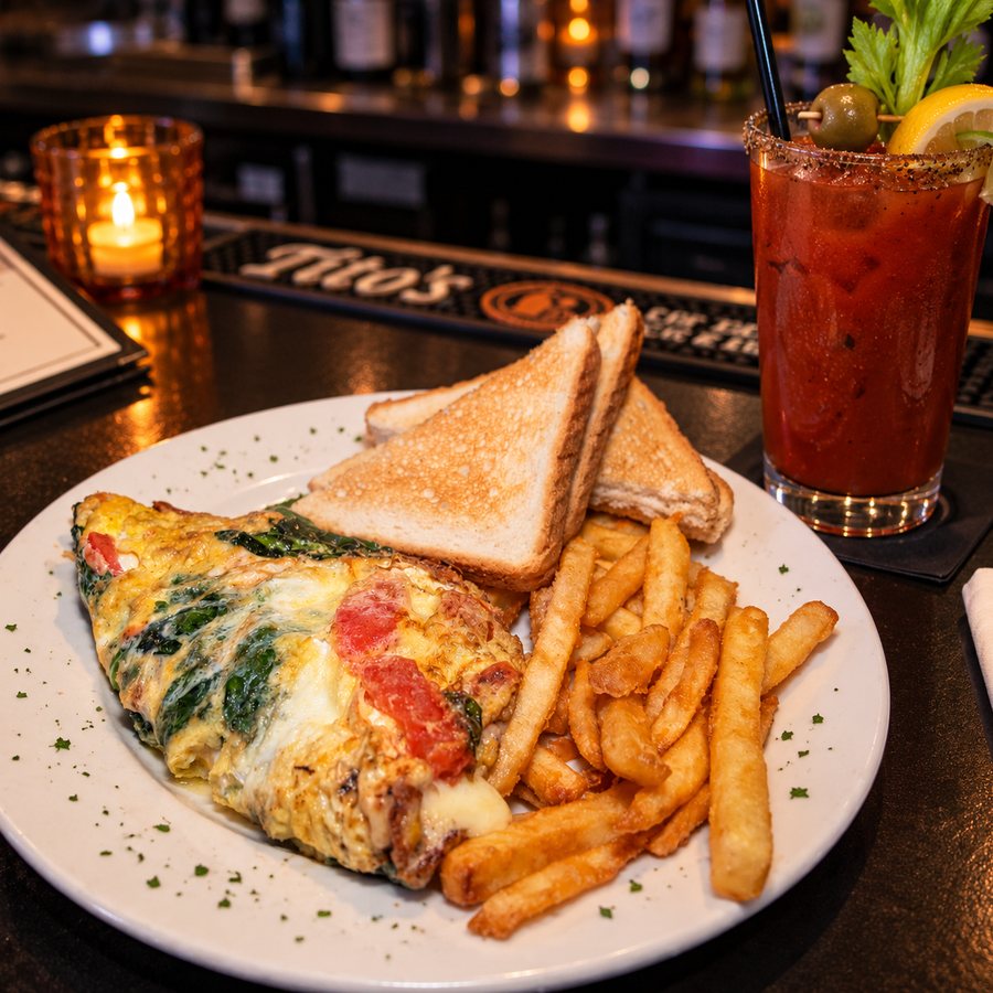 An omelette with toast and fries, and a Bloody Mary