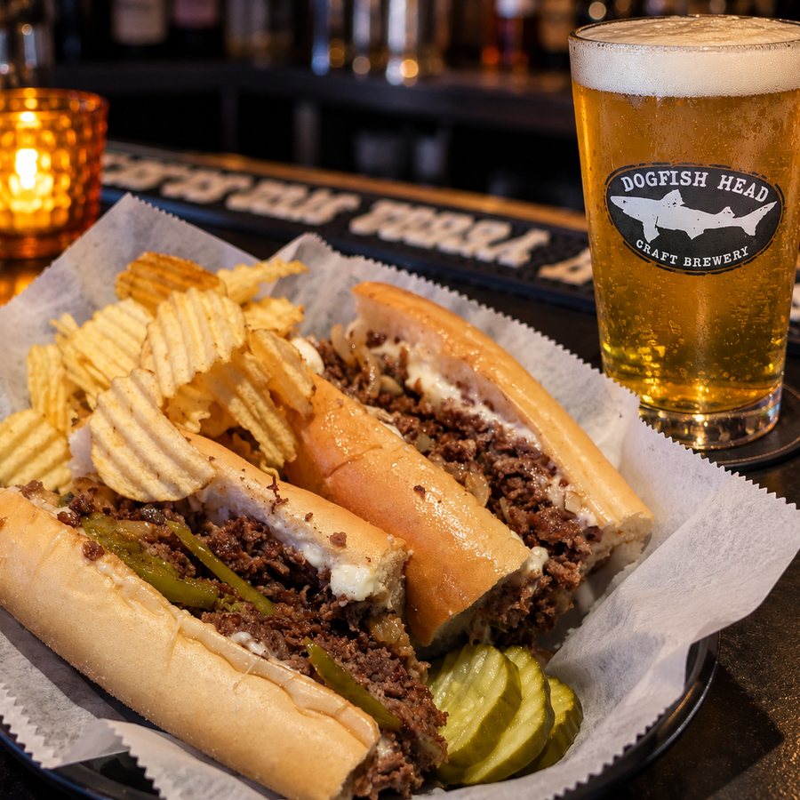 A Philly cheesesteak with chips and pickles, and a Dogfish Head beer