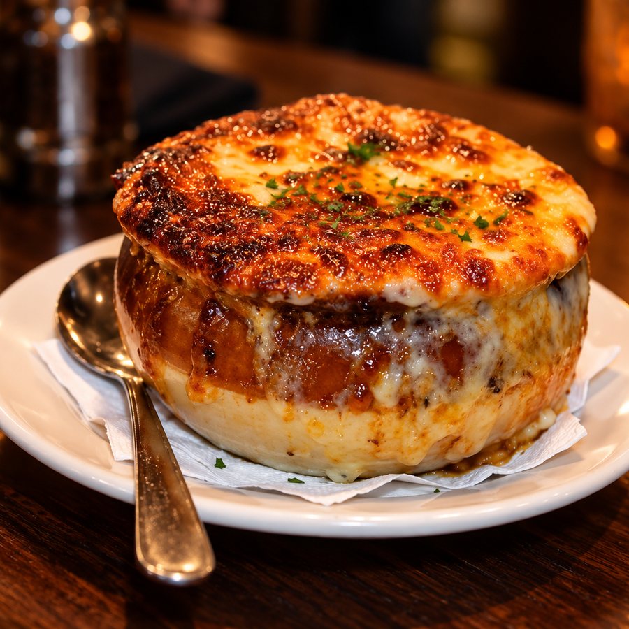 A crock of French onion soup with broiled cheese on top