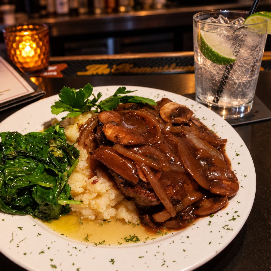 A Salisbury steak platter with mashed potatoes and greens, and a gin and tonic