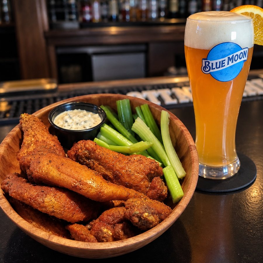 A bowl of crispy chicken wings with celery and blue cheese, and a Blue Moon beer