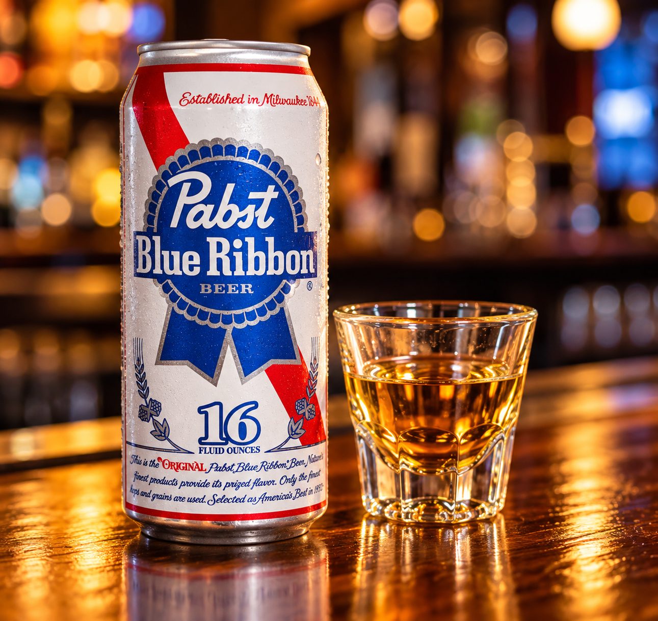 A can of Pabst Blue Ribbon with a shot of whiskey on the bar