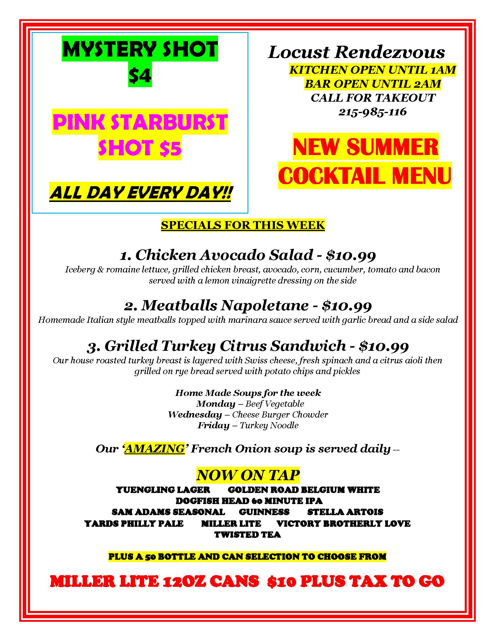 A colorful menu featuring various drink specials and food items such as salads, sandwiches, and pasta. The menu highlights Mystery Shot, Pink Starburst Shot, and new summer cocktail options.